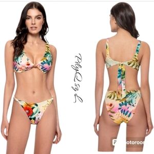 PQ SWIM Woman's Pink/ Floral Reversable Bottom Swim Set sz L